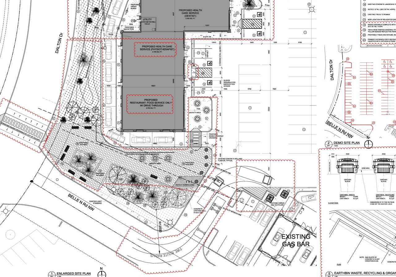 Construction site plan for project from page 2 of the file 'DP2022-07120 - DMAP Plans (Amended) 2023-04-06 - 6MB'