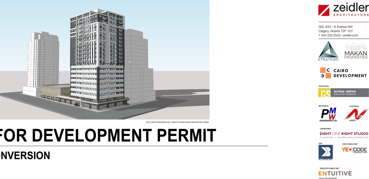 Rendering of building from page 3 of the file 'DP2024-03242 DMAP Plans Submitted 2024-05-07 - 13MB'