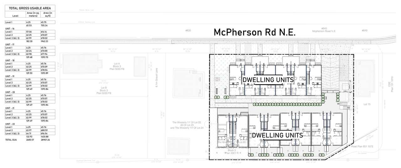 Construction site plan for project from page 3 of the file 'DP2024-03449 DMAP Plans Submitted 2024-05-15 - 18MB'