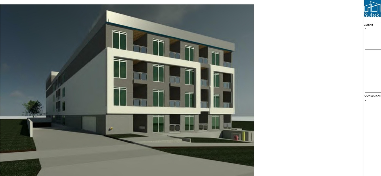 Rendering of building from page 1 of the file 'DP2024-05269 DMAP Plans Submitted 2024-10-10 - 5MB'