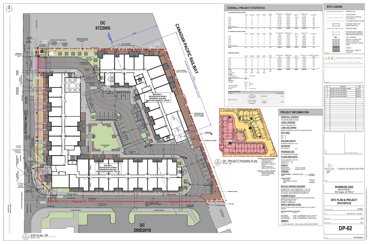 Construction site plan for project from page 3 of the file 'DP2024-07373 - DMAP Plans (amended) 2026-07-20 (3MB)'
