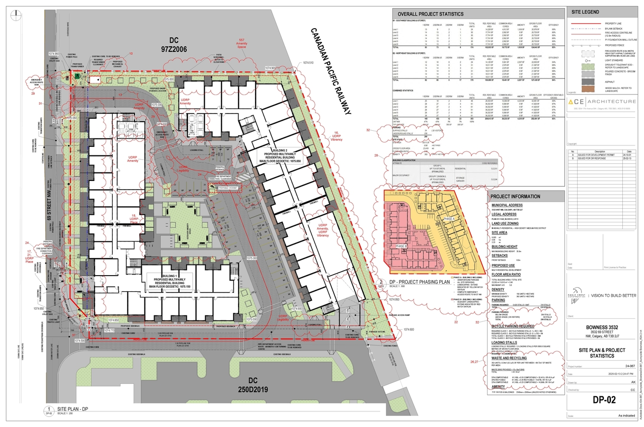 Construction site plan for project from page 2 of the file 'DMAP Plans (Amended) DP2024-07373 (6MB) 2025-02-18'