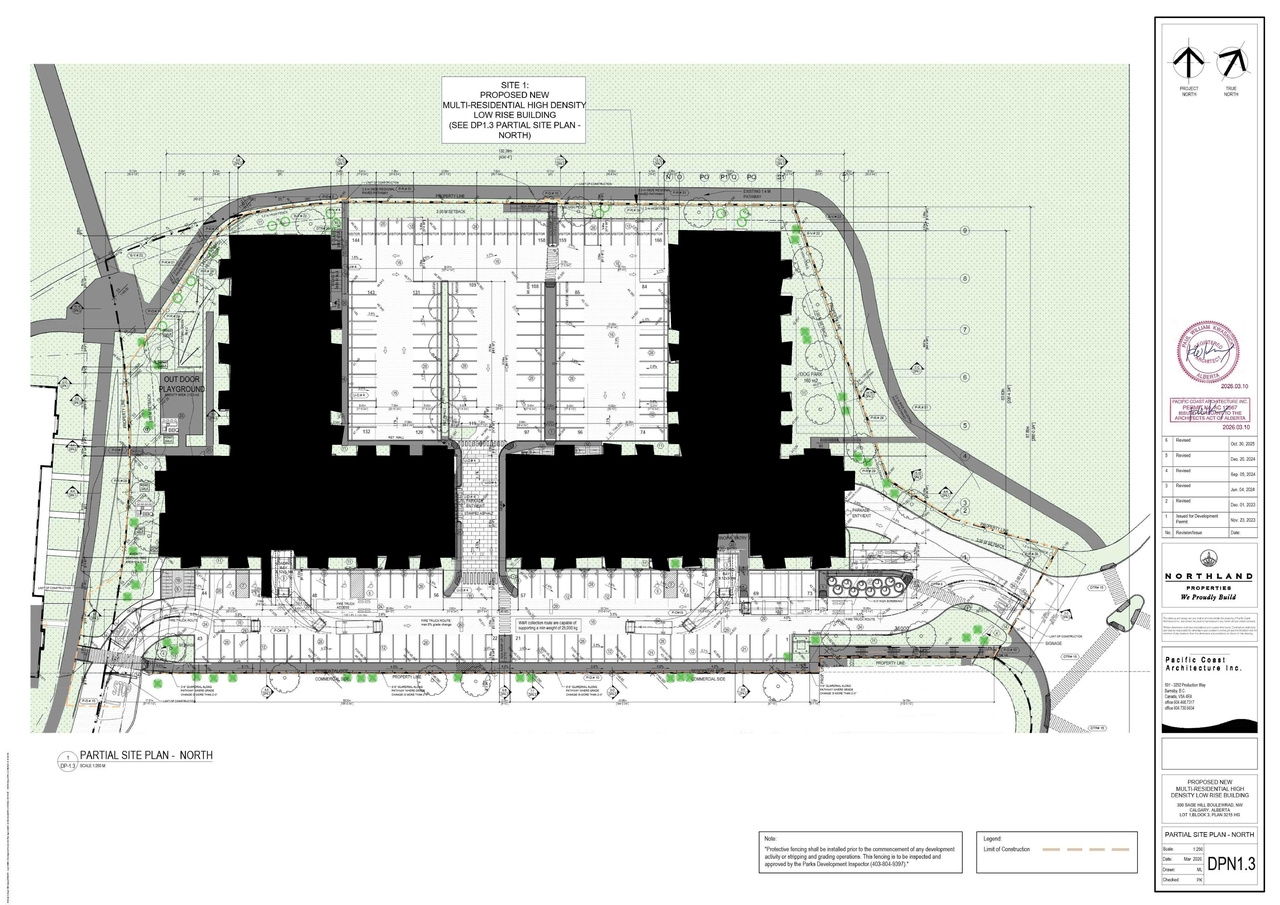 Construction site plan for project from page 3 of the file 'DP2024-07599 DMAP Amended Plans (4MB) 2026-05-15'
