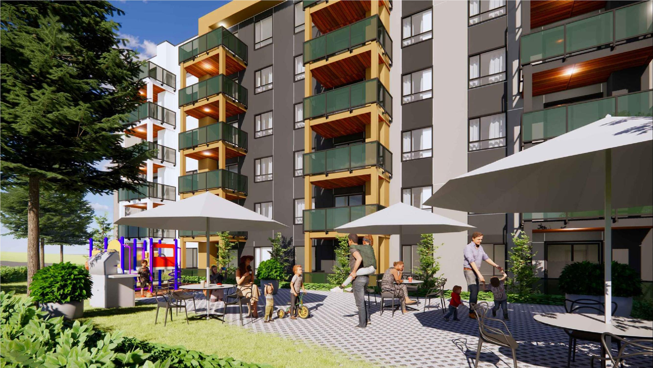 Rendering of building from page 7 of the file 'DP2024-07599 DMAP Plans (Amended) 2026-08-06 (15MB)'