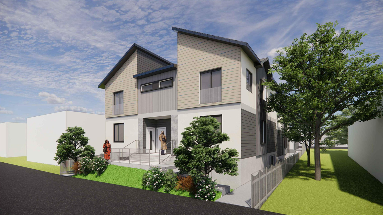 Rendering of building from page 1 of the file 'DP2024-08378 DMAP Plans Amended 2025-01-28-6MB'