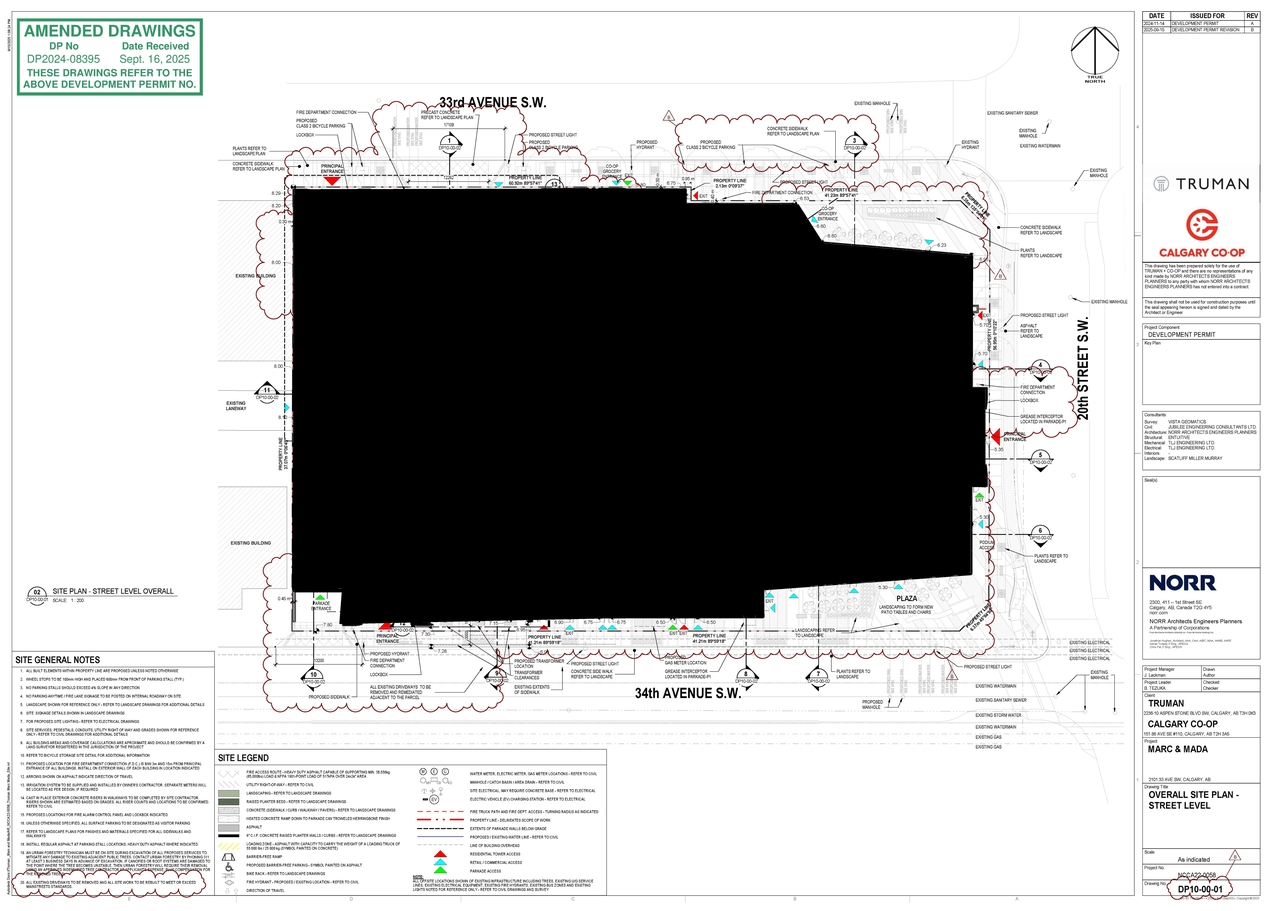 Construction site plan for project from page 2 of the file 'DP2024-08395 DMAP Plans (Amended) 2025-09-17 (13MB)'