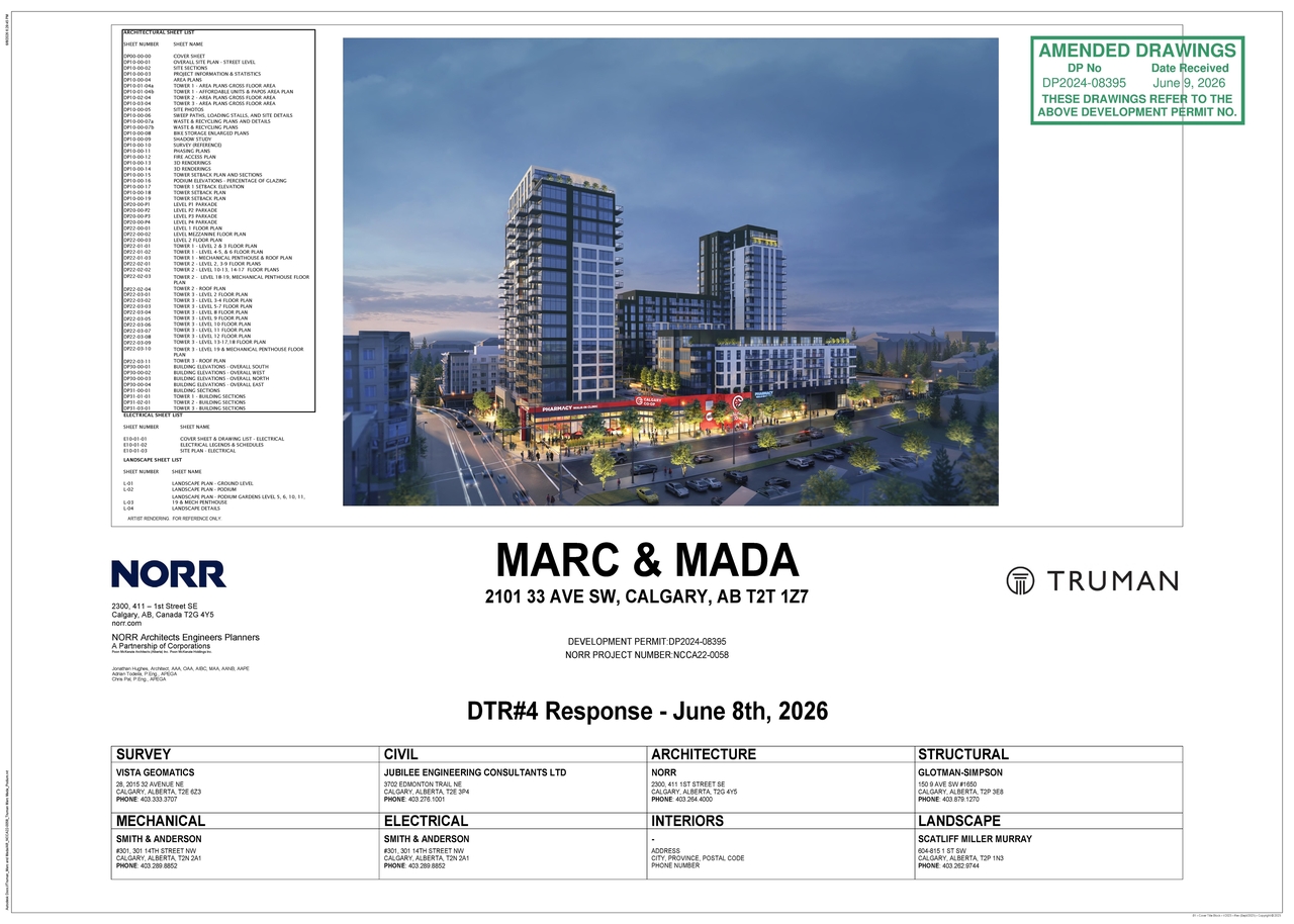 Construction site plan for project from page 1 of the file 'DP2024-08395 DMAP Plans Amended (9MB) 2026-06-09'