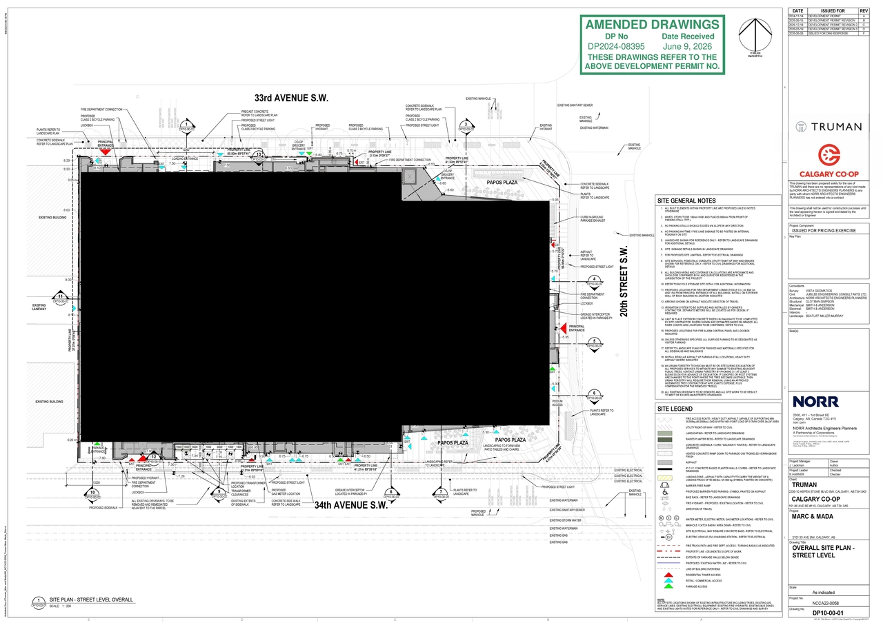 Construction site plan for project from page 2 of the file 'DP2024-08395 DMAP Plans Amended (9MB) 2026-06-09'