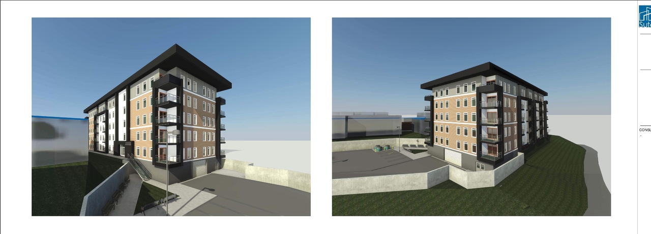 Rendering of building from page 1 of the file 'DP2024-08940 DMAP Plans Submitted 2025-03-17 5MB'