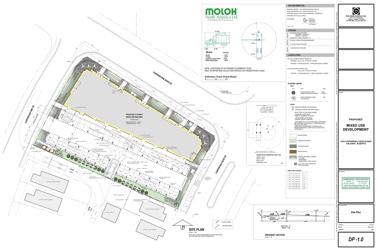 Construction site plan for project from page 1 of the file 'DMAP Plans Amended DP2025-00302 (5MB) 2025-11-03'