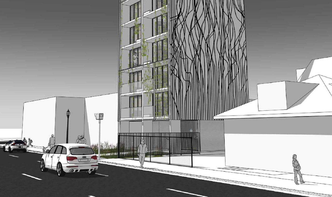Rendering of building from page 3 of the file 'DMAP Plans (Amended) DP2025-01501 (7MB) 2026-03-16'