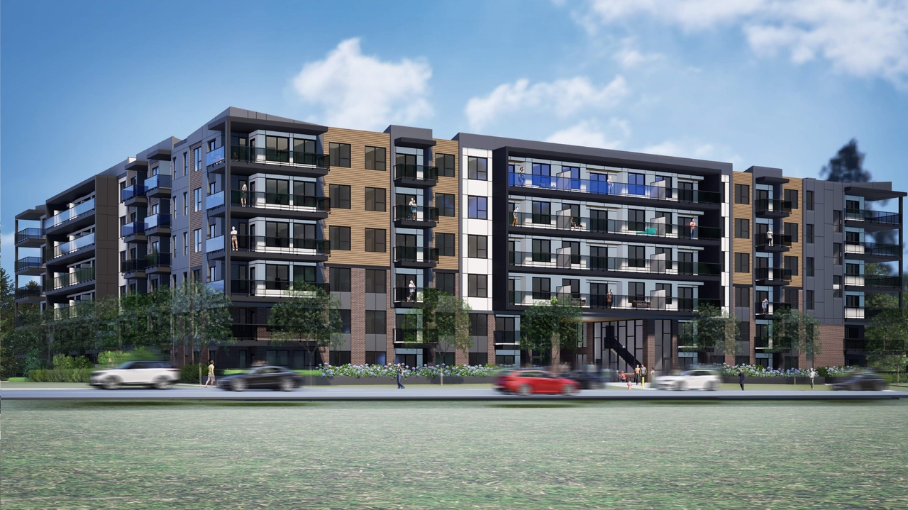 Rendering of building from page 5 of the file 'DP2025-01538 DMAP Plans Submitted 2025-03-17 20MB'
