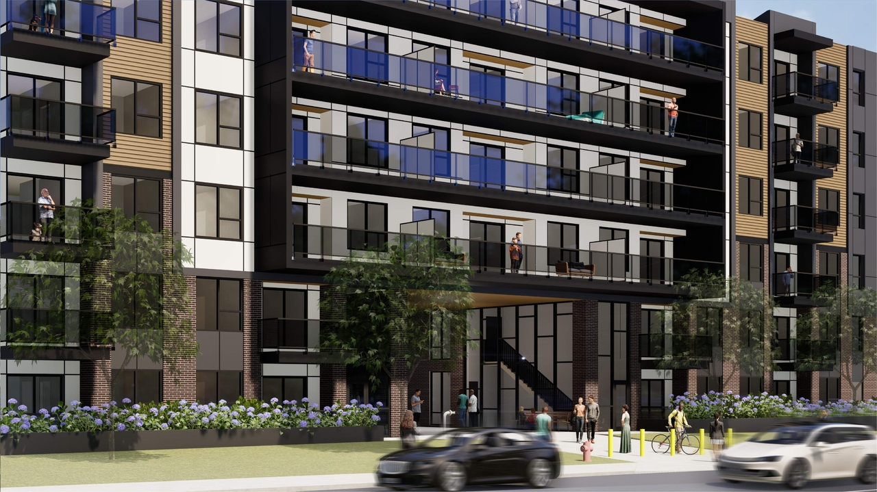 Rendering of building from page 7 of the file 'DP2025-01538 DMAP Plans Submitted 2025-03-17 20MB'