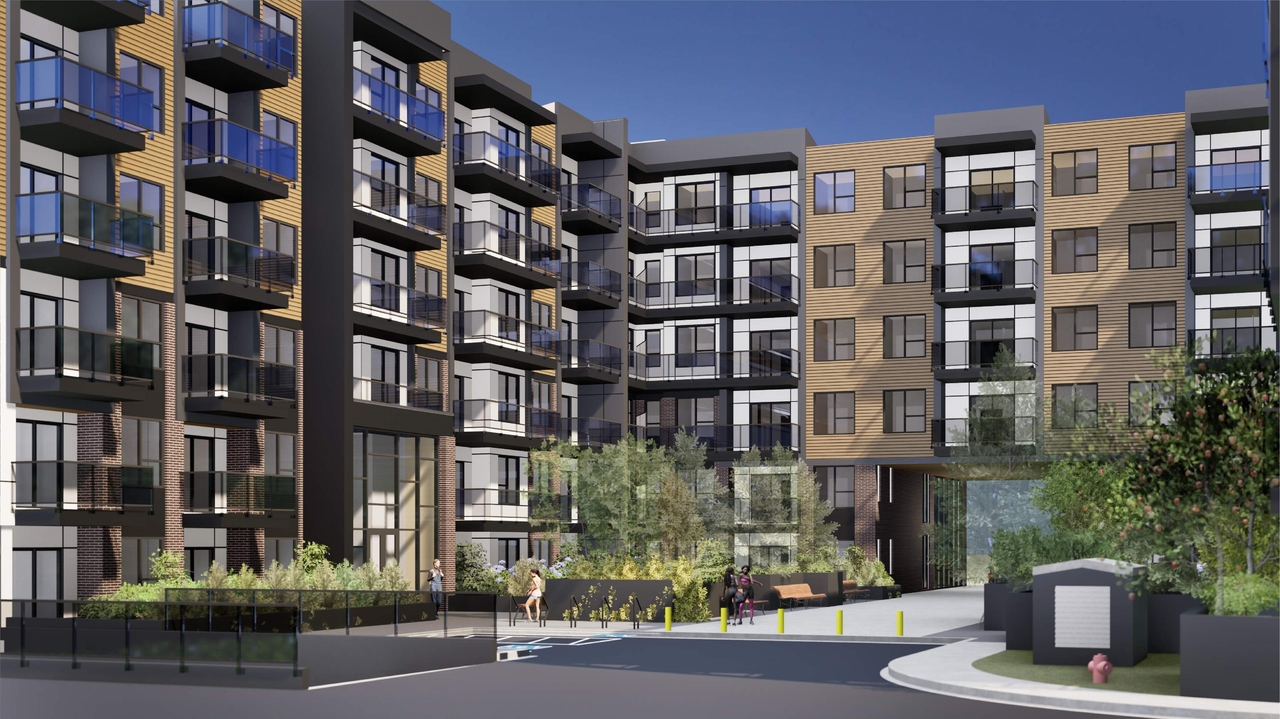 Rendering of building from page 8 of the file 'DP2025-01538 DMAP Plans Submitted 2025-03-17 20MB'