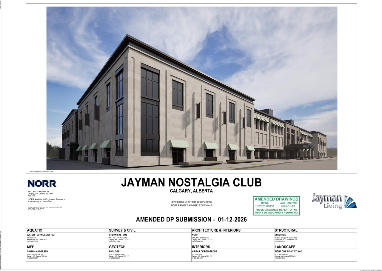 Rendering of building from page 1 of the file 'DP2025-01650 DMAP Plans (Amended) 2026-01-14 (30MB)'