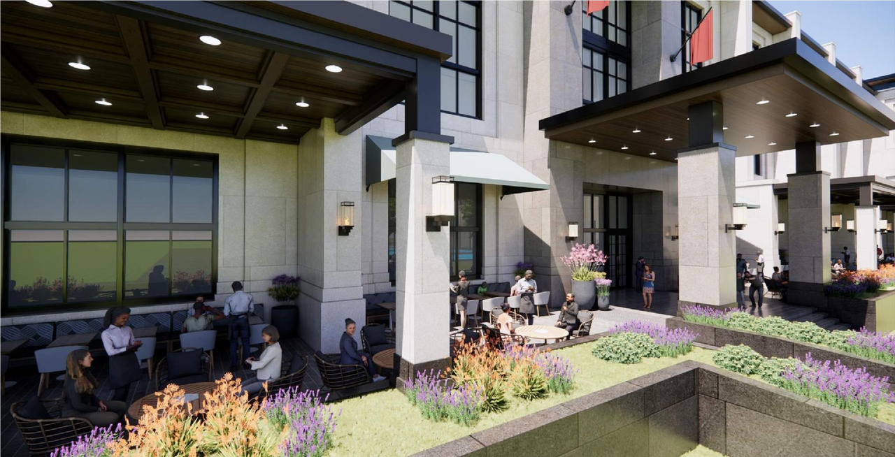 Rendering of building from page 4 of the file 'DMAP Plans Amended DP2025-01650 (21MB) 2025-10-15'