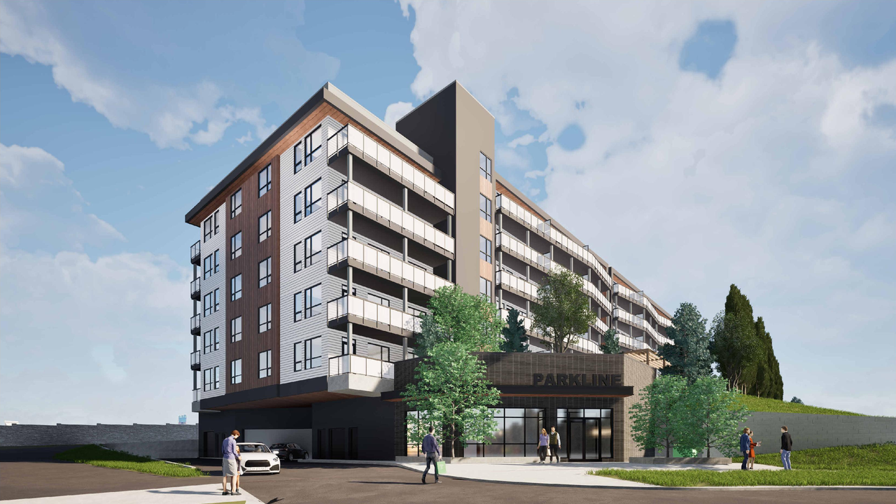 Rendering of building from page 1 of the file 'DP2025-02420 DMAP Plans Submitted 2025-04-24 22MB'