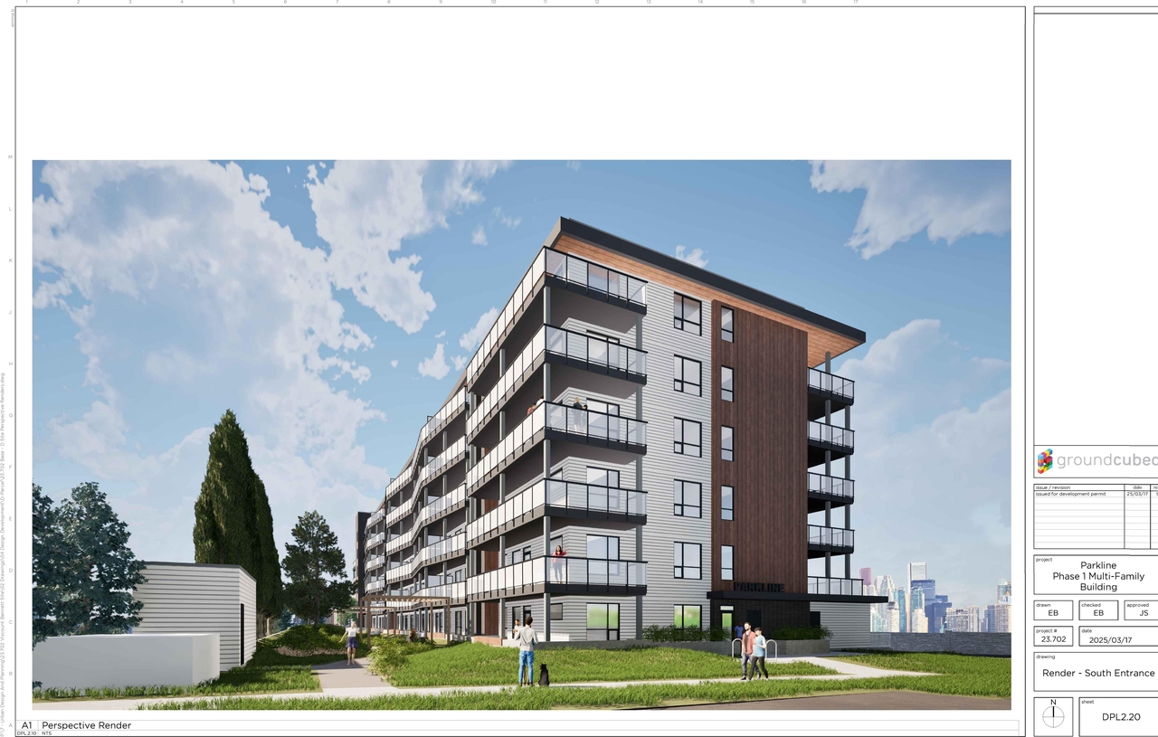 Rendering of building from page 10 of the file 'DP2025-02420 DMAP Plans Submitted 2025-04-24 22MB'