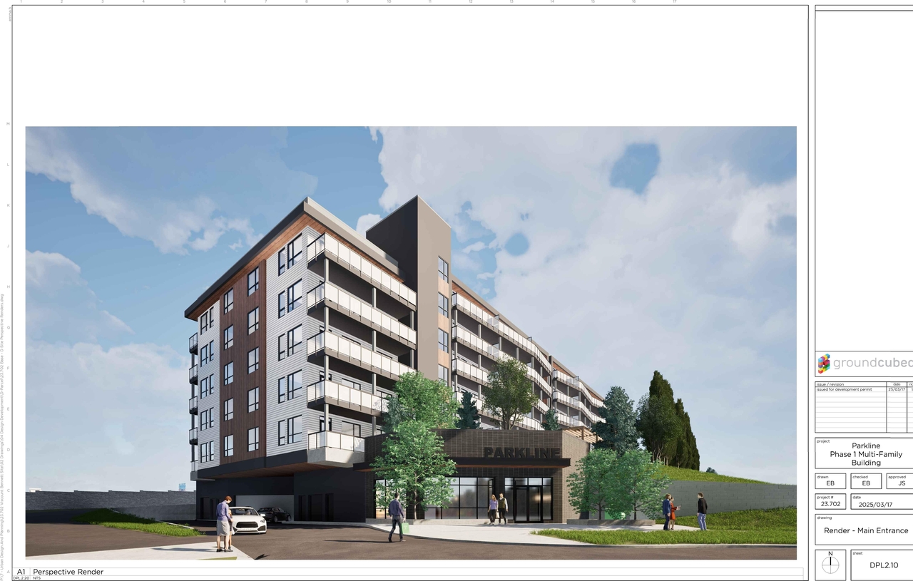 Rendering of building from page 9 of the file 'DP2025-02420 DMAP Plans Submitted 2025-04-24 22MB'