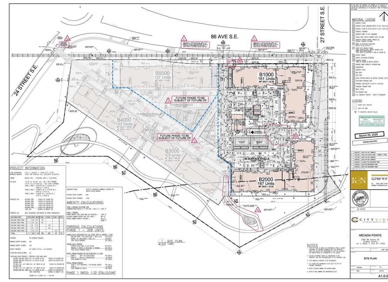 Construction site plan for project from page 1 of the file 'DP2025-02706 DMAP Plans (Amended) 2026-04-22 (8MB)'