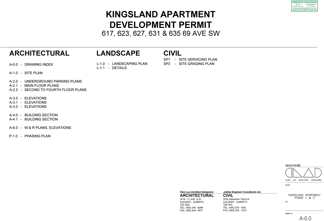 Construction site plan for project from page 1 of the file 'DP2025-02744 DMAP Plans Amended (4MB) 2025-11-10'