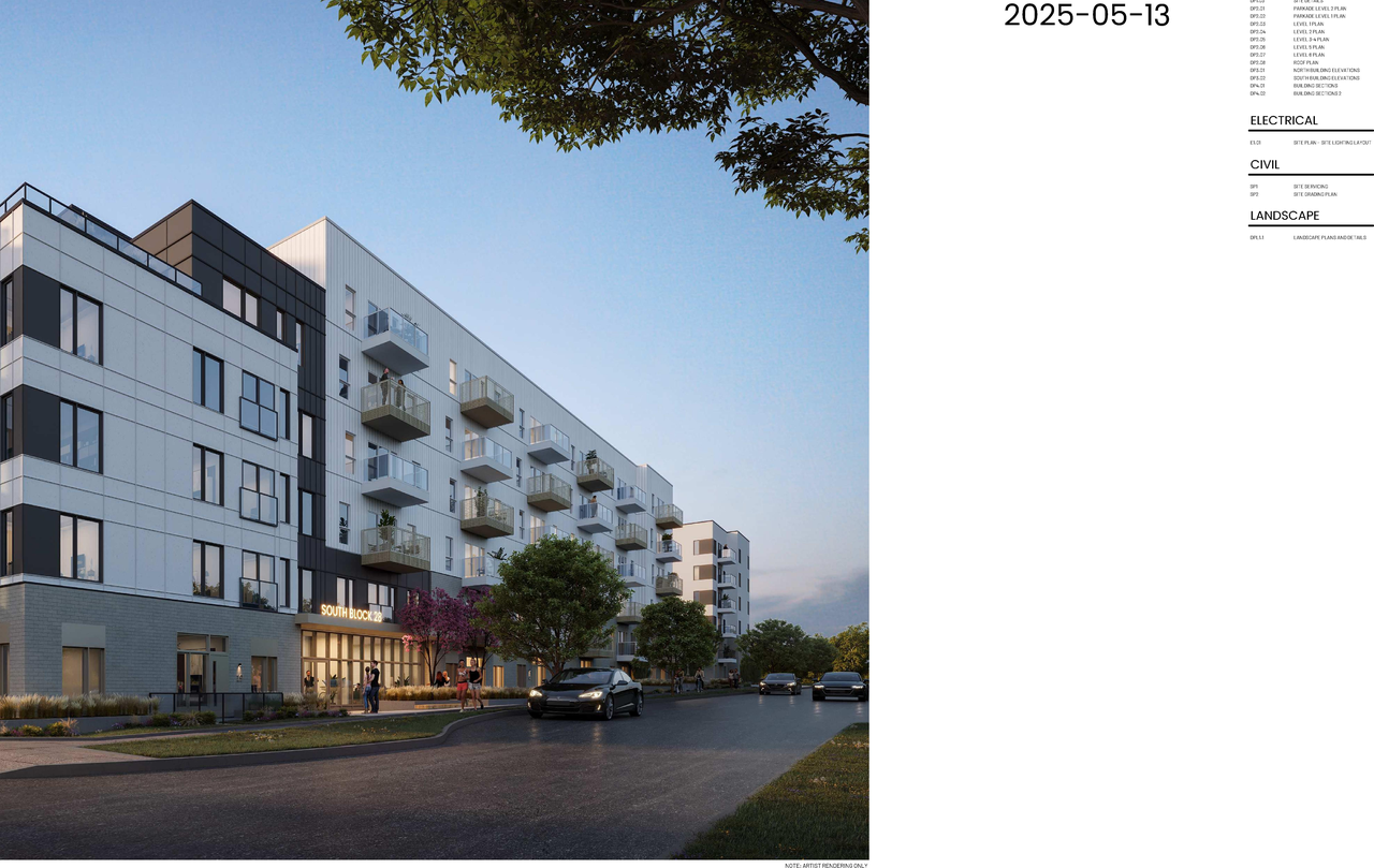 Rendering of building from page 1 of the file 'DP2025-02996 DMAP Plans Submitted 2025-05-21 (10MB)'