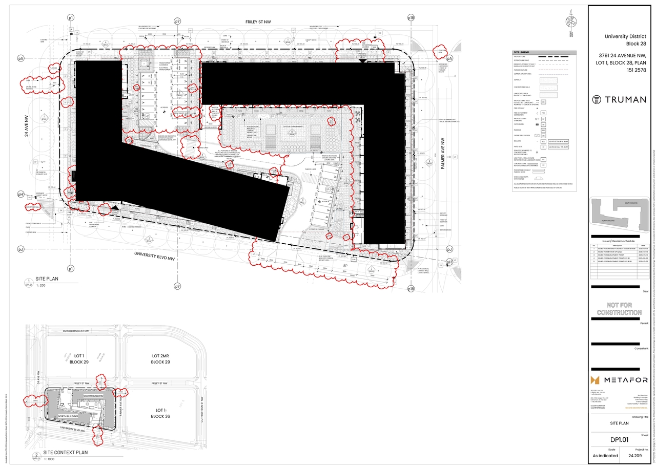 Construction site plan for project from page 3 of the file 'DMAP Plans Amended DP2025-02996 (23MB) 2025-10-06'