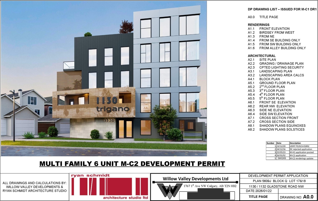 Rendering of building from page 1 of the file 'DP2025-03029 DMAP Plans Amended (5MB) 2026-02-09'