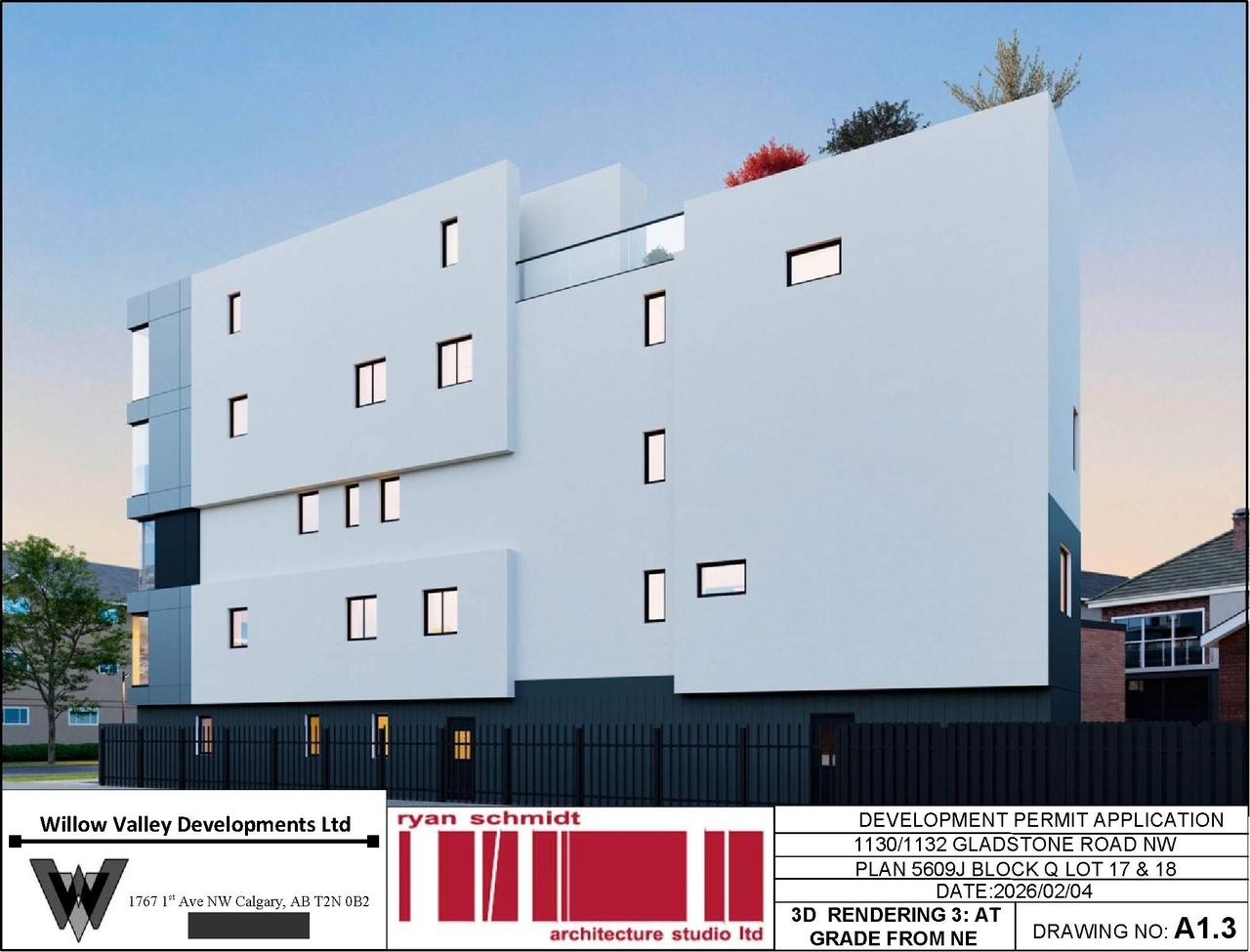 Rendering of building from page 3 of the file 'DP2025-03029 DMAP Plans Amended (5MB) 2026-02-09'