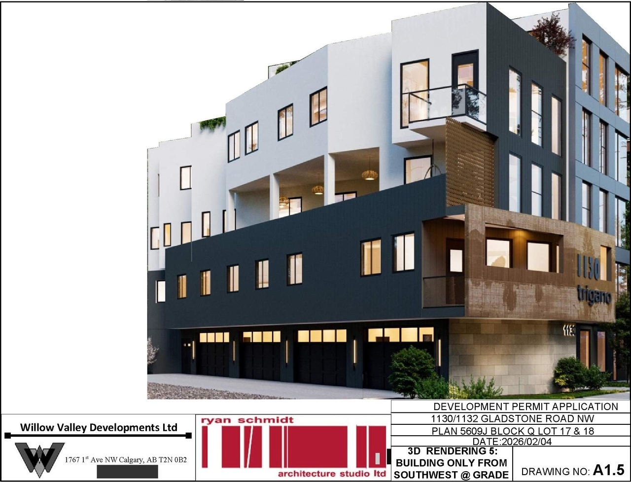 Rendering of building from page 5 of the file 'DP2025-03029 DMAP Plans Amended (5MB) 2026-02-09'