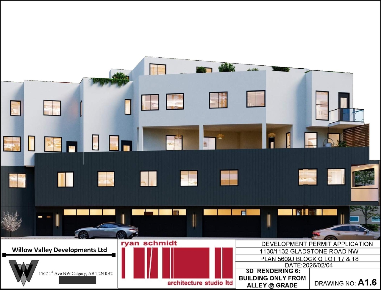 Rendering of building from page 6 of the file 'DP2025-03029 DMAP Plans Amended (5MB) 2026-02-09'
