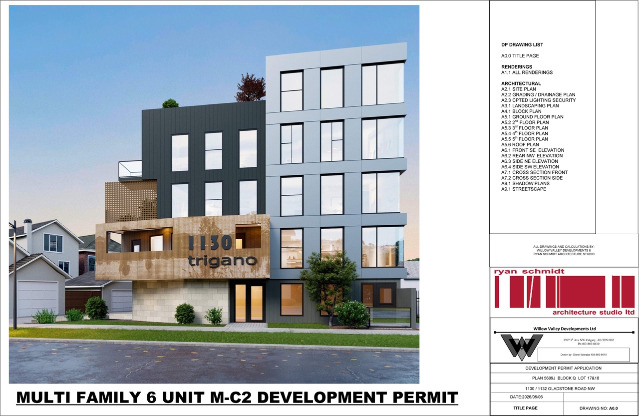 Rendering of building from page 1 of the file 'DP2025-03029 DMAP Plans (Amended) 2026-05-11 (7MB)'