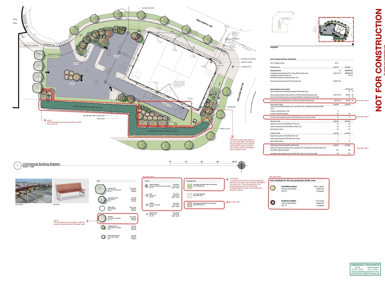 Construction site plan for project from page 7 of the file 'DP2025-03525 DMAP Plans Amended (18MB) 2026-01-19'