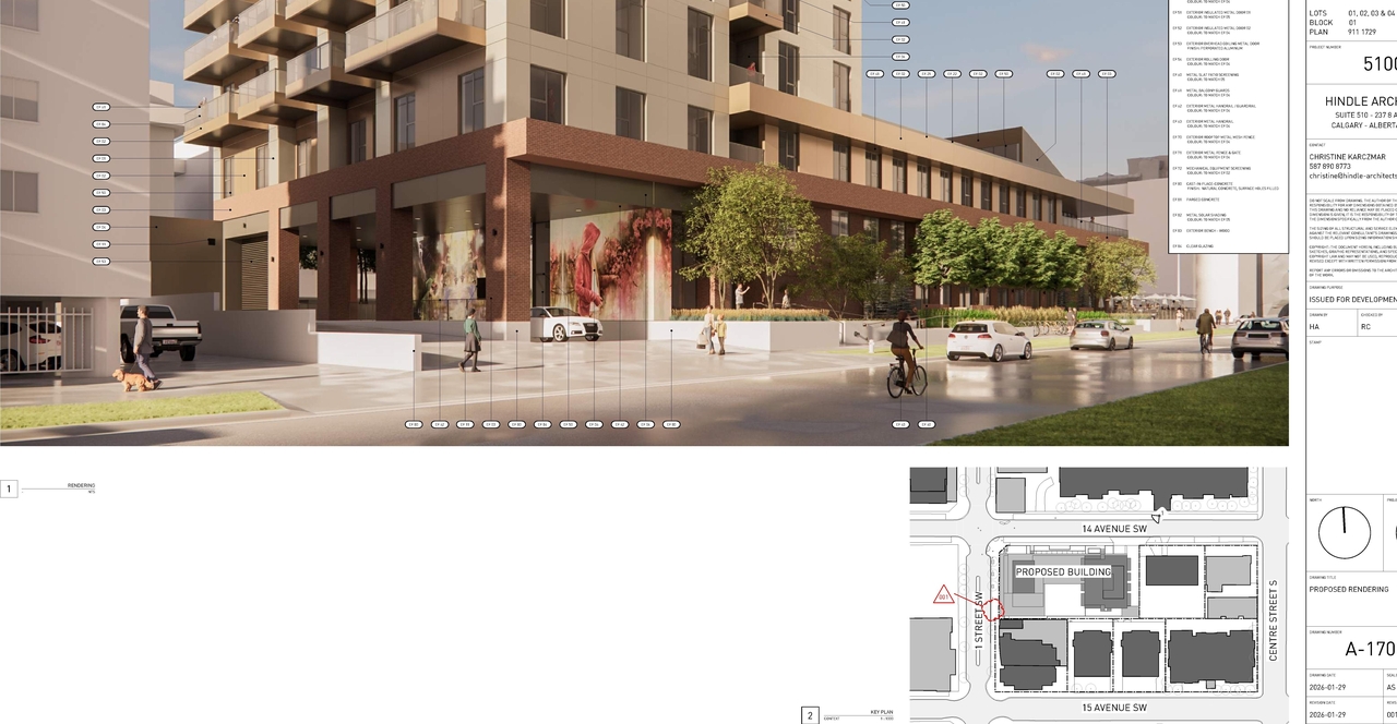 Rendering of building from page 7 of the file 'DP2025-04204 DMAP Plans (Amended) 2026-01-29 (14MB)'