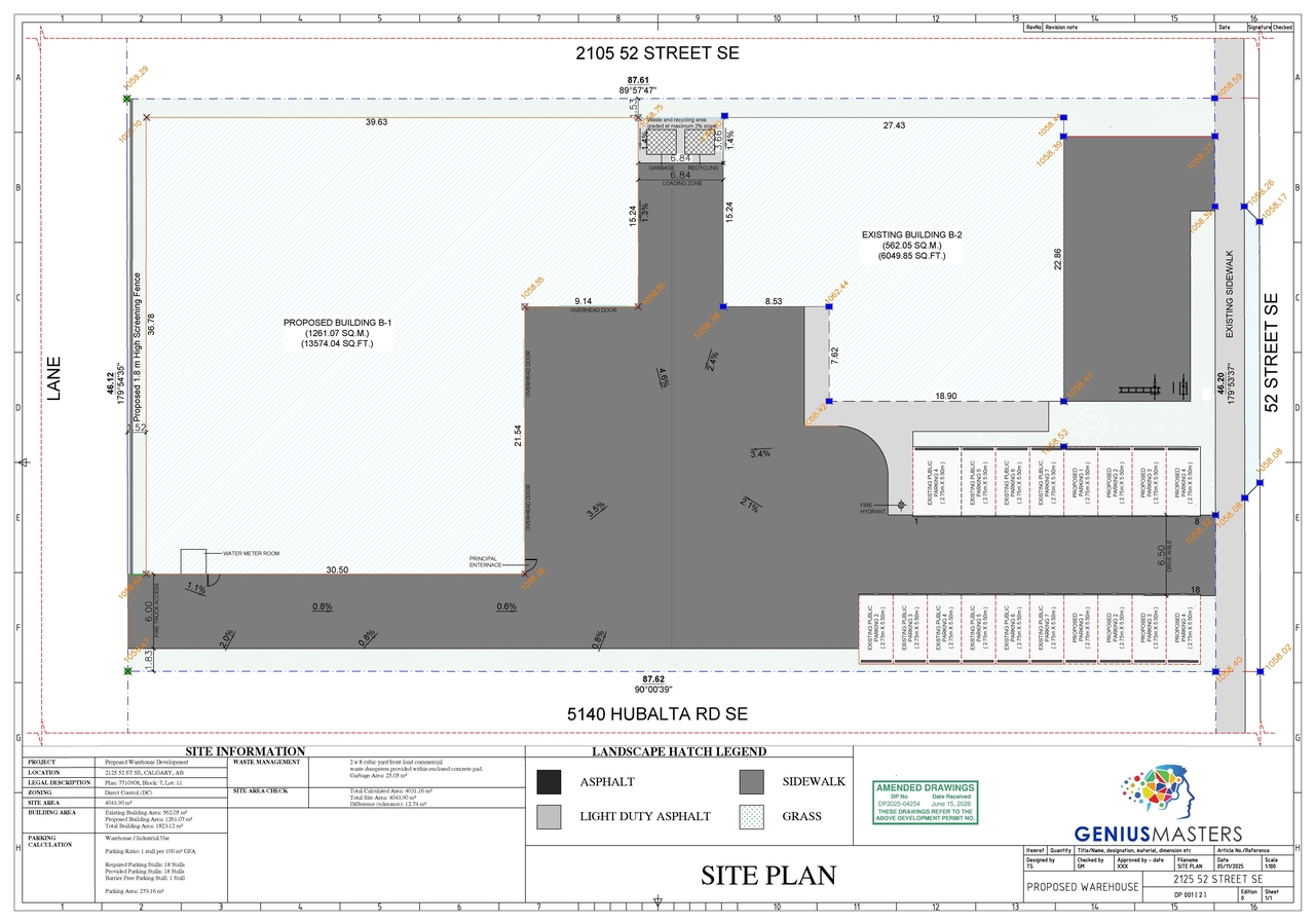 Construction site plan for project from page 1 of the file 'DP2025-04254 DMAP Plans AMENDED (2MB) 2026-06-15'