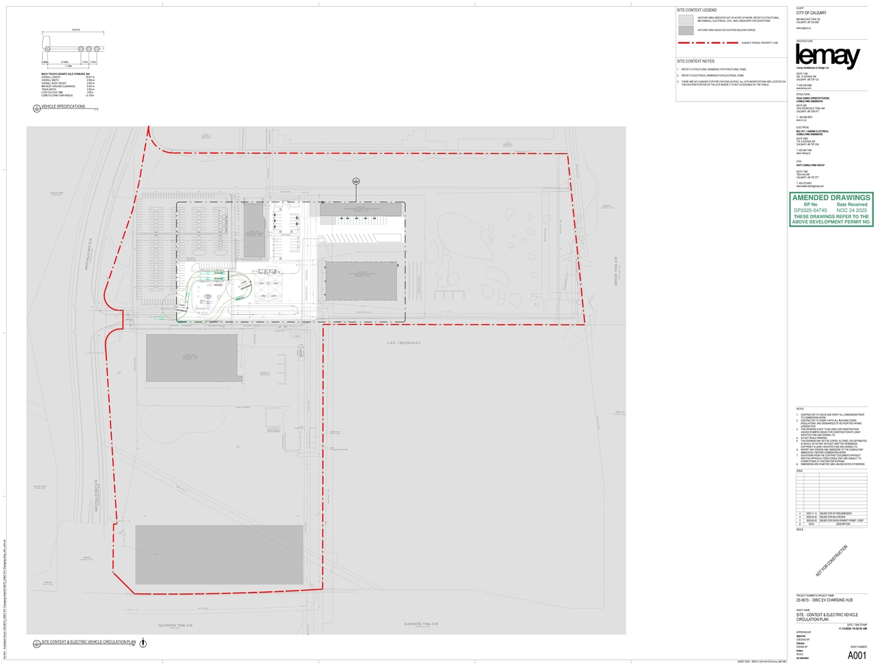 Construction site plan for project from page 1 of the file 'DP2025-04745 DMAP Plans Amended (2MB) 2025-11-24'