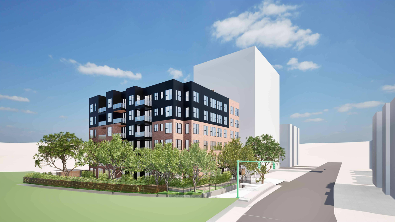 Rendering of building from page 1 of the file 'DP2025-04996 DMAP Plans (Amended) 2026-05-06 (7MB)'