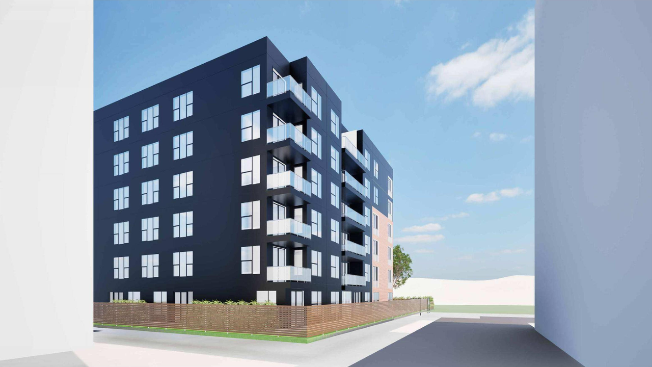 Rendering of building from page 5 of the file 'DP2025-04996 DMAP Plans (Amended) 2026-05-06 (7MB)'