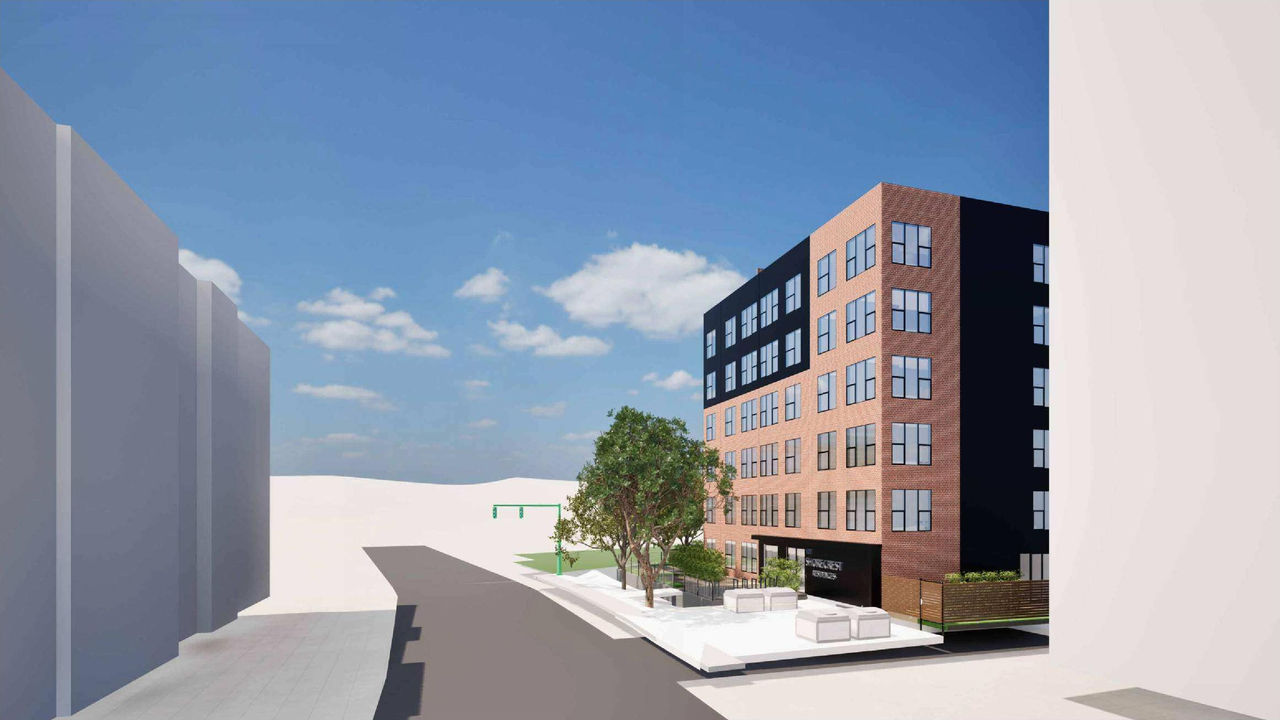 Rendering of building from page 5 of the file 'DP2025-04996 DMAP Plans (Amended) 2026-05-06 (7MB)'