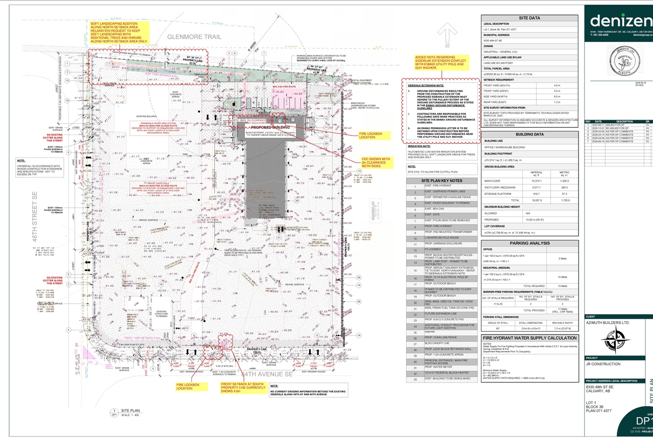 Construction site plan for project from page 1 of the file 'DP2025-05304 DMAP Plans (Amended) 2026-06-22'