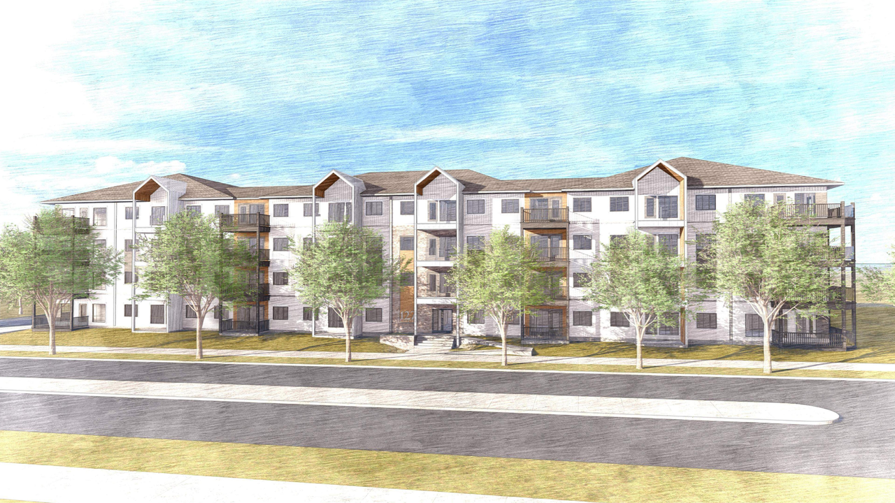 Rendering of building from page 1 of the file 'DMAP Plans Submitted DP2025-05389 (8MB) 2025-09-18'