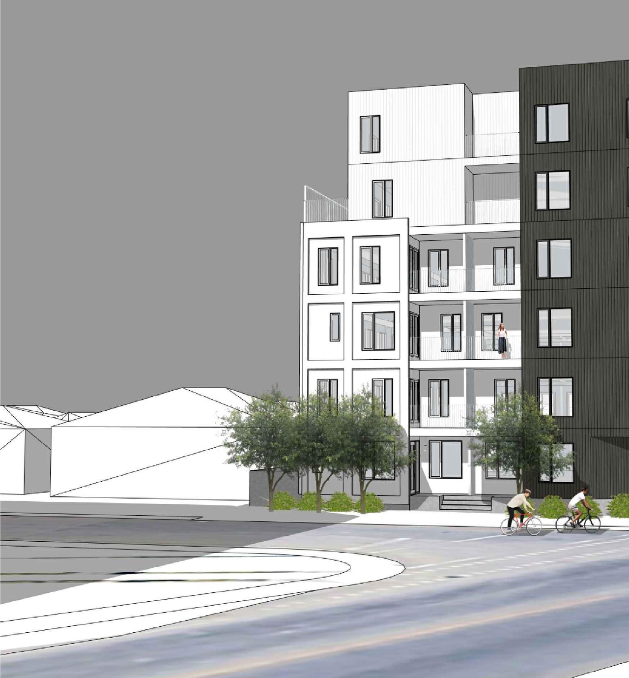 Rendering of building from page 1 of the file 'DP2025-05477 DMAP Plans (Amended)2026-04-21 (6MB)'