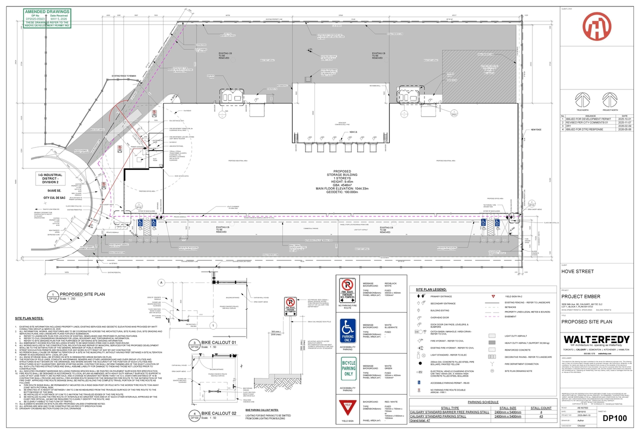 Construction site plan for project from page 3 of the file 'DP2025-05923 DMAP Plans (Amended) 2026-05-05 (3MB)'