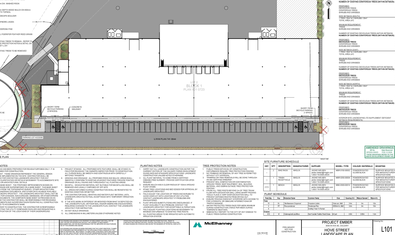 Construction site plan for project from page 6 of the file 'DP2025-05923 DMAP Plans (Amended) 2026-02-17 (4MB)'