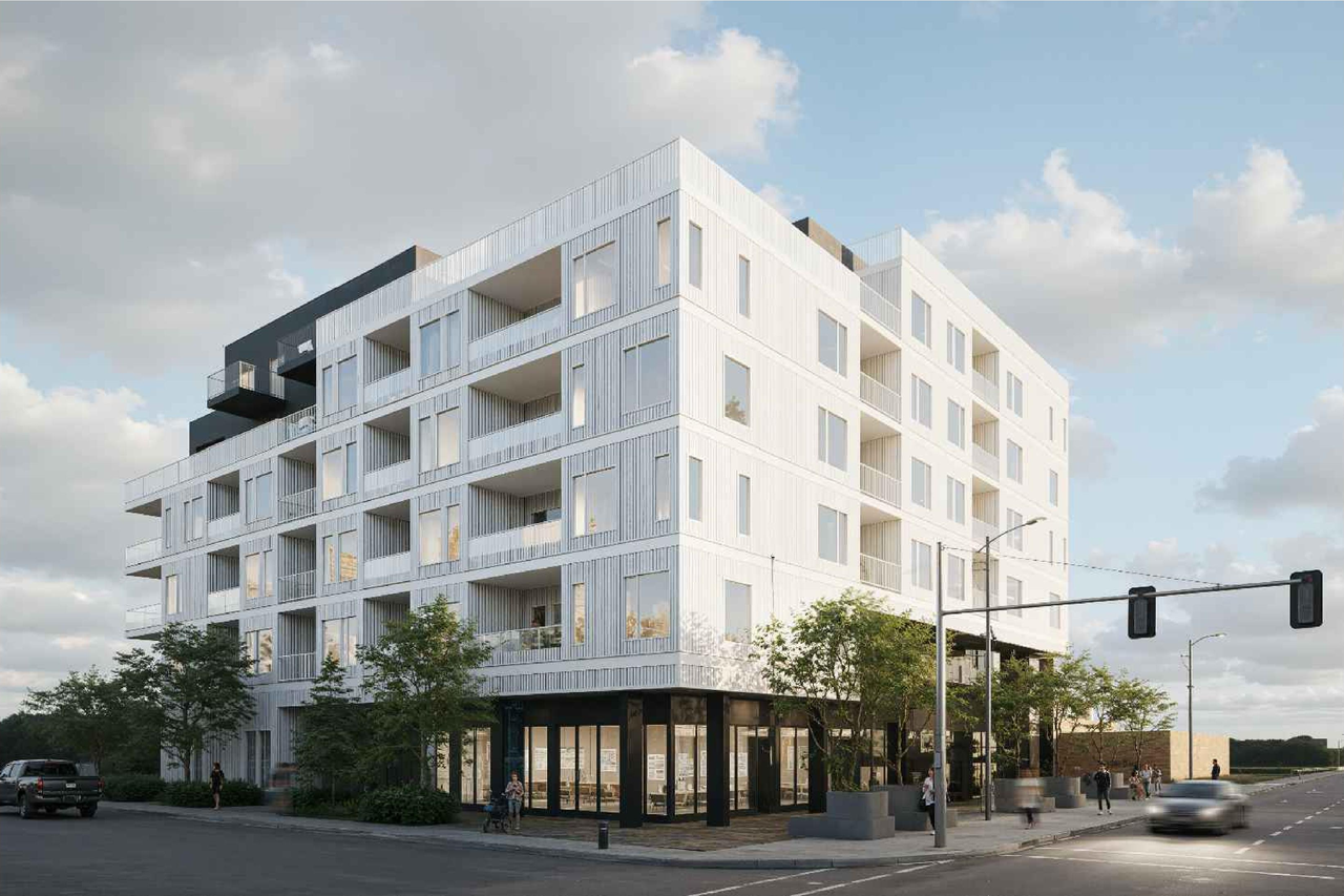 Rendering of building from page 1 of the file 'DMAP Plans Submitted DP2025-06078 (13MB) 2025-10-27'