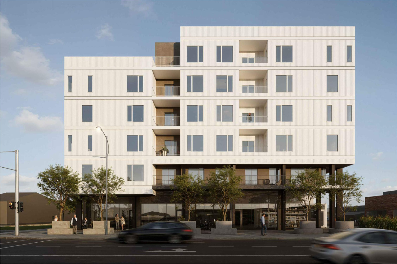 Rendering of building from page 9 of the file 'DMAP Plans Submitted DP2025-06078 (13MB) 2025-10-27'
