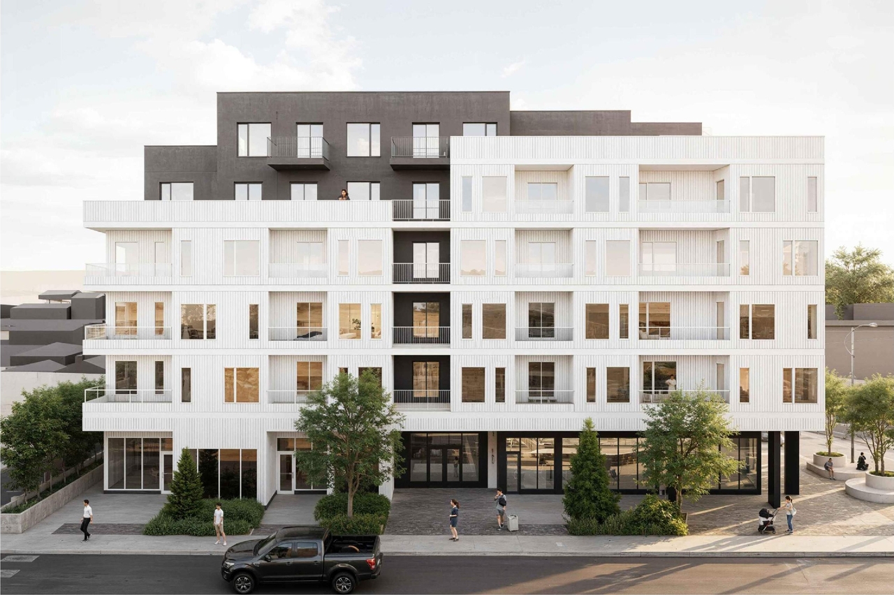 Rendering of building from page 9 of the file 'DMAP Plans Submitted DP2025-06078 (13MB) 2025-10-27'