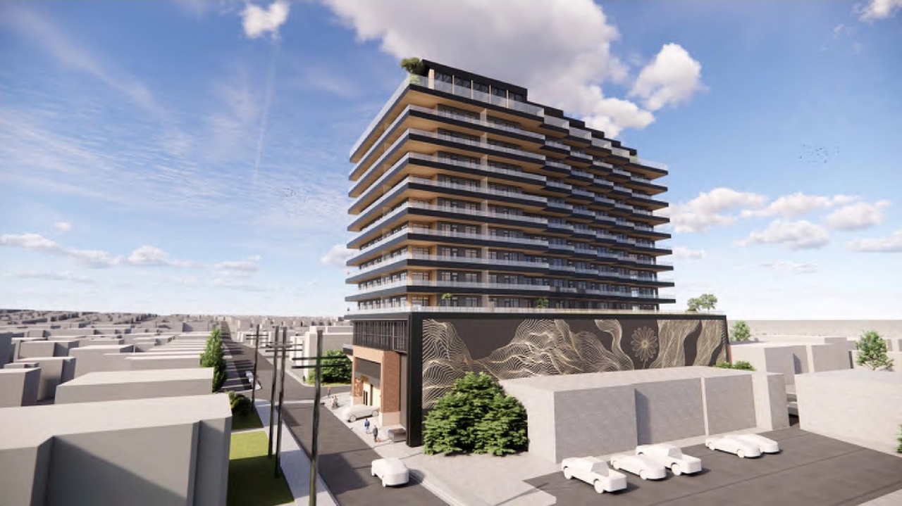 Rendering of building from page 4 of the file 'DMAP Plans (Submitted) DP2025-06096 (4MB) 2025-10-28'