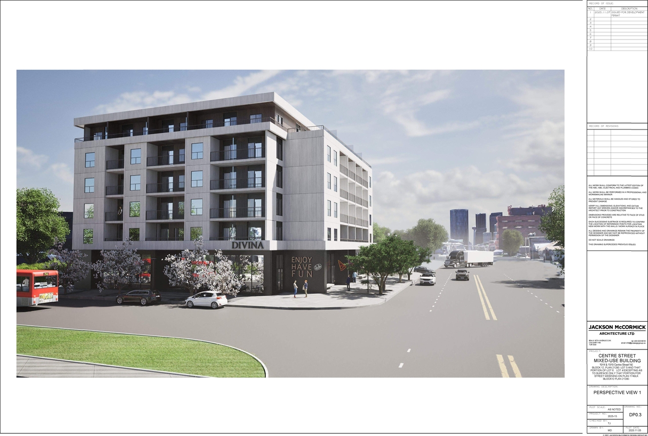 Rendering of building from page 2 of the file 'DP2025-06335 DMAP Plans Submitted (10MB) 2025-11-10'