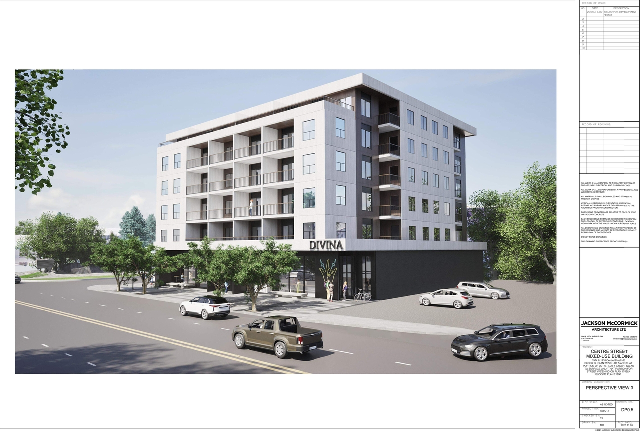 Rendering of building from page 4 of the file 'DP2025-06335 DMAP Plans Submitted (10MB) 2025-11-10'